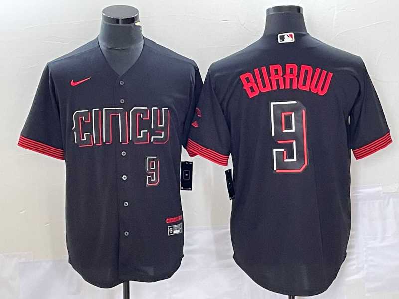 Mens Cincinnati Reds #9 Joe Burrow Number Black 2023 City Connect Cool Base Stitched Baseball Jersey2